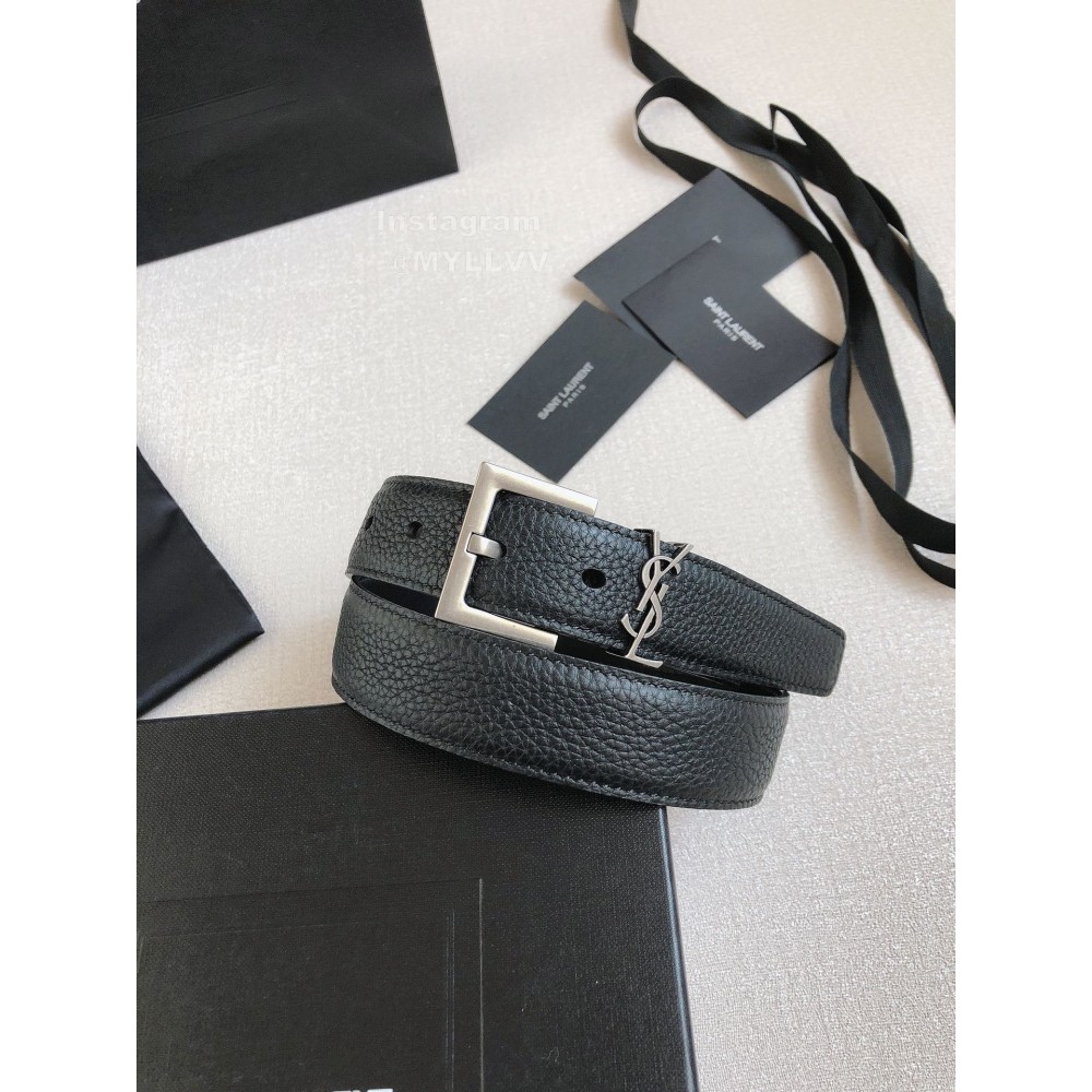 Ysl New Black Calf Leather Silver Bronze Buckle 30mm Belt