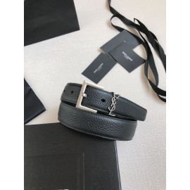 Ysl New Black Calf Leather Silver Bronze Buckle 30mm Belt