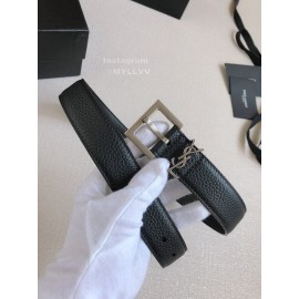 Ysl New Black Calf Leather Silver Bronze Buckle 30mm Belt