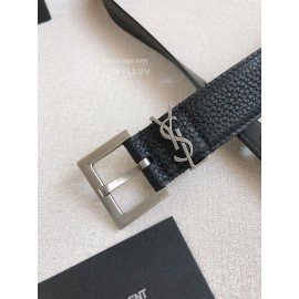 Ysl New Black Calf Leather Silver Bronze Buckle 30mm Belt