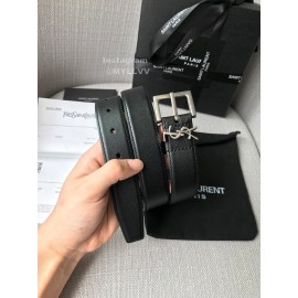 Ysl New Black Calf Leather Silver Buckle 30mm Belt For Women
