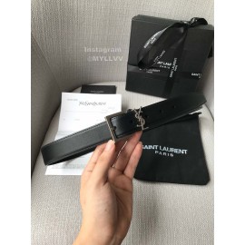 Ysl New Black Calf Leather Silver Buckle 30mm Belt For Women