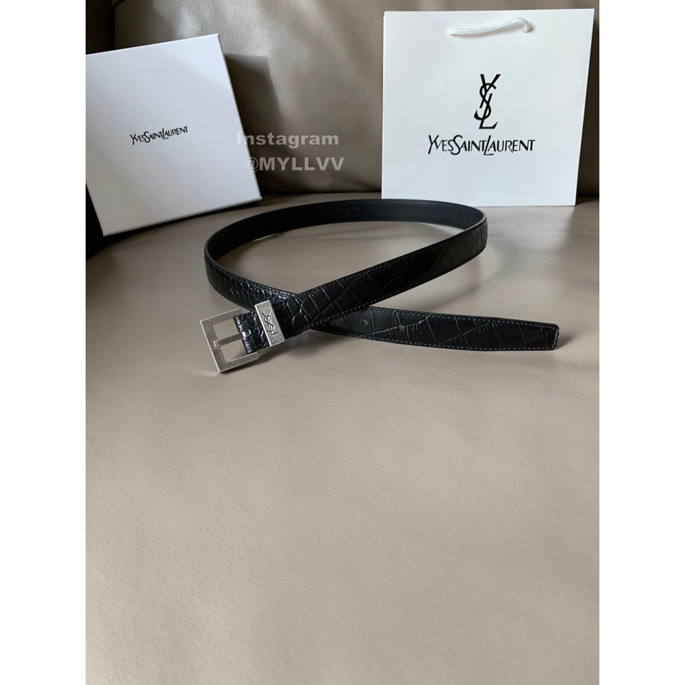 Ysl Black Calf Leather Silver Metal Buckle 24mm Belt 