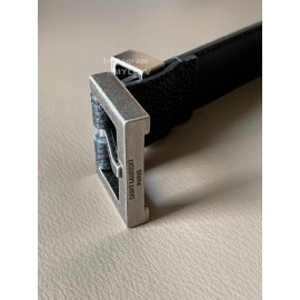 Ysl Black Calf Leather Silver Metal Buckle 24mm Belt 