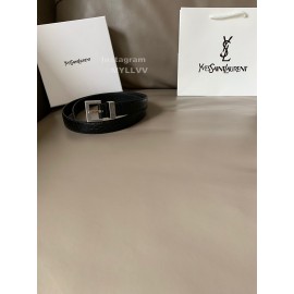 Ysl Black Calf Leather Silver Metal Buckle 24mm Belt 