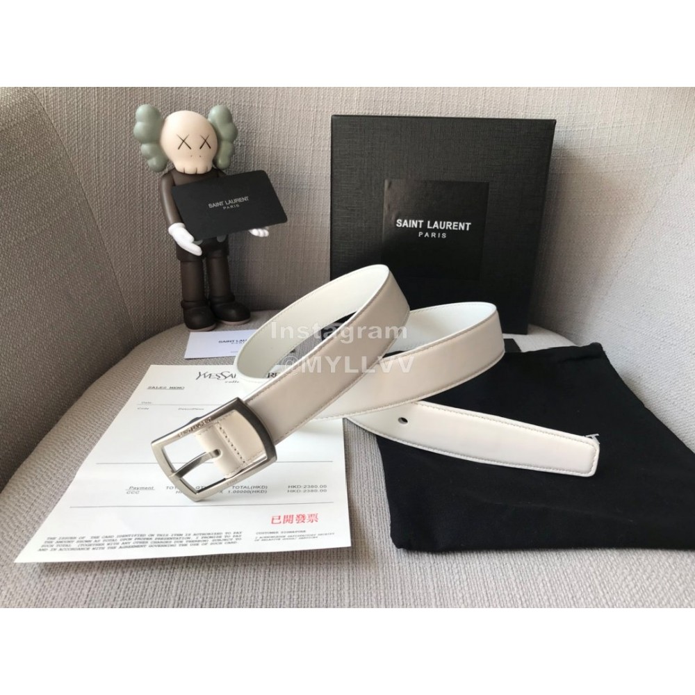 Ysl Plain Calf Vintage Silver Pin Buckle 30mm Belt White