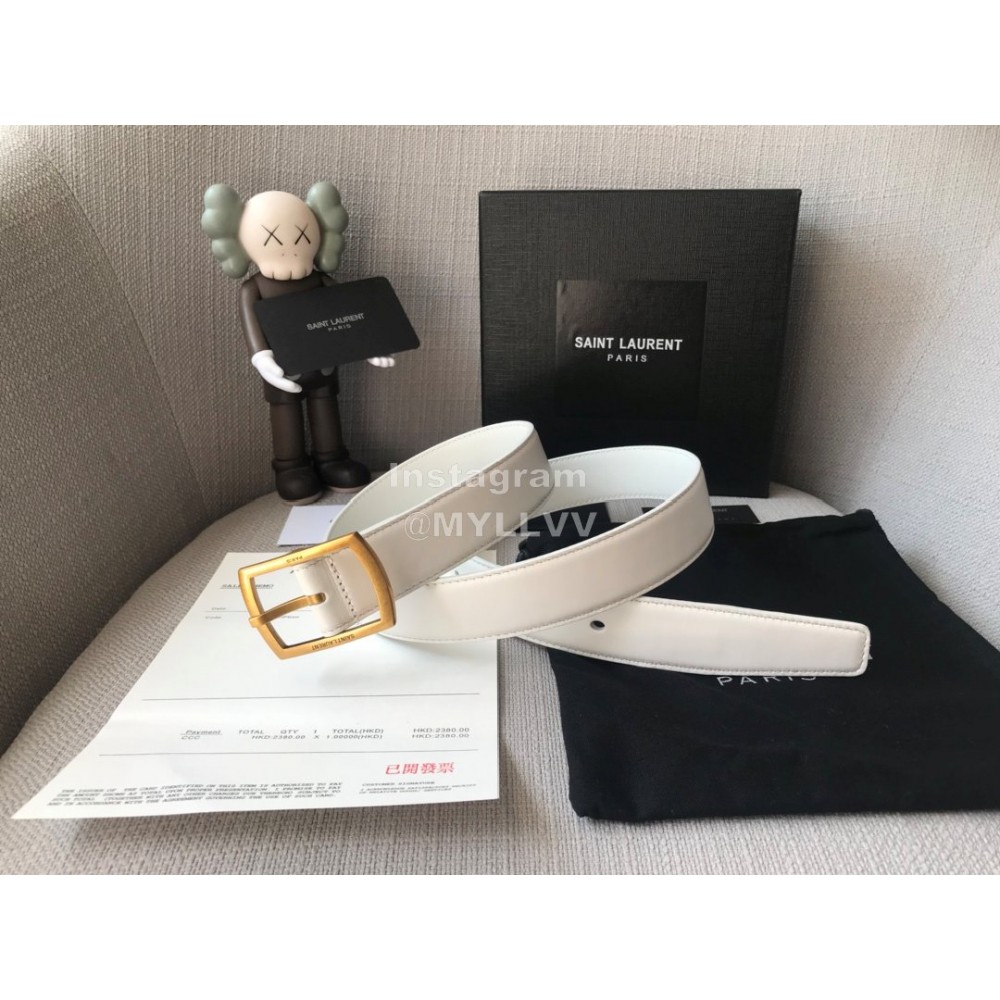 Ysl Plain Calf Vintage Gold Pin Buckle 30mm Belt White