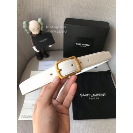 Ysl Plain Calf Vintage Gold Pin Buckle 30mm Belt White