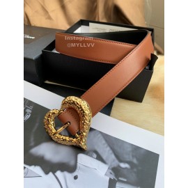 Ysl Calf Leather Love Shape Needle Copper Buckle 30mm Belt Brown
