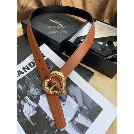 Ysl Calf Leather Love Shape Needle Copper Buckle 30mm Belt Brown