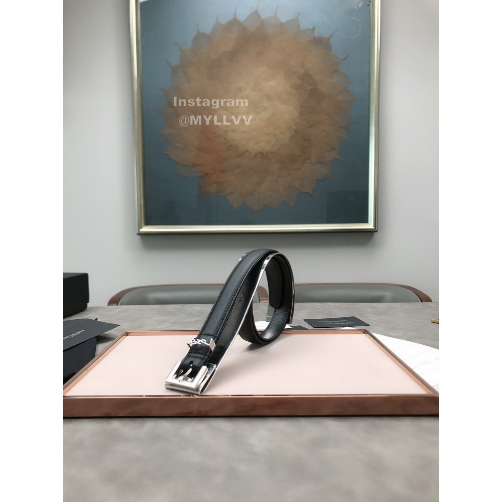 Ysl Plaid Calf Leather Vintage Silver Pin Buckle 20mm Belt For Women 