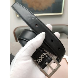 Ysl Plaid Calf Leather Vintage Silver Pin Buckle 30mm Belt For Women 