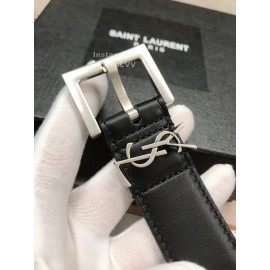 Ysl Plaid Calf Leather Vintage Silver Pin Buckle 30mm Belt For Women 