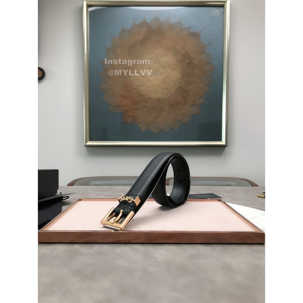 Ysl Plaid Calf Leather Vintage Gold Pin Buckle 30mm Belt For Women 