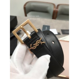 Ysl Plaid Calf Leather Vintage Gold Pin Buckle 30mm Belt For Women 