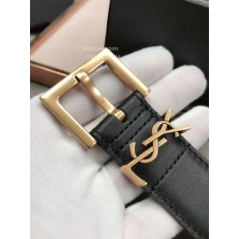 Ysl Plaid Calf Leather Vintage Gold Pin Buckle 30mm Belt For Women 