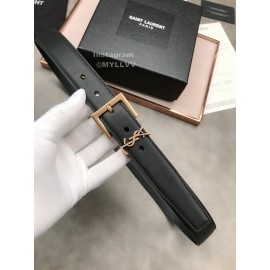 Ysl Plaid Calf Leather Vintage Gold Pin Buckle 30mm Belt For Women 