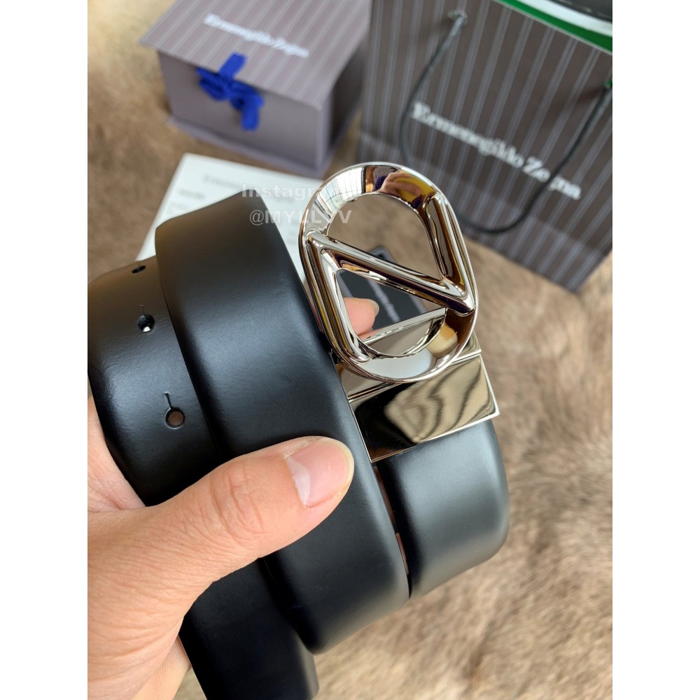 Zegna Black Calf Leather Rotary Silver Pin Buckle 35mm Belt