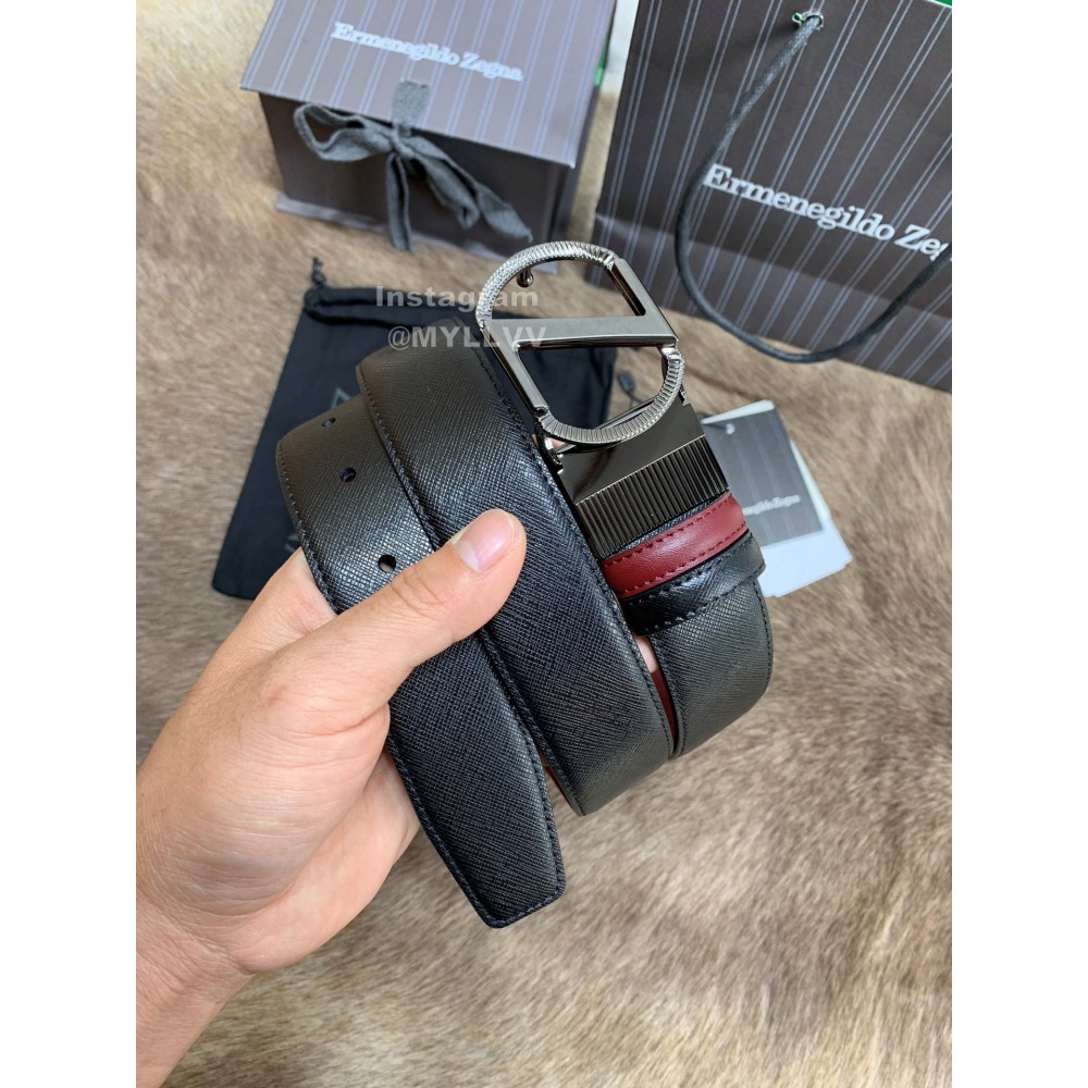 Zegna New Black Calf Leather Rotary Pin Buckle 35mm Belt For Men