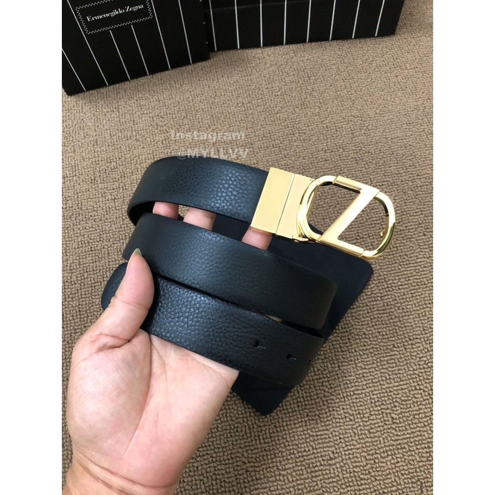 Zegna Black Calf Leather Gold Rotary Pin Buckle Leisure Belt 