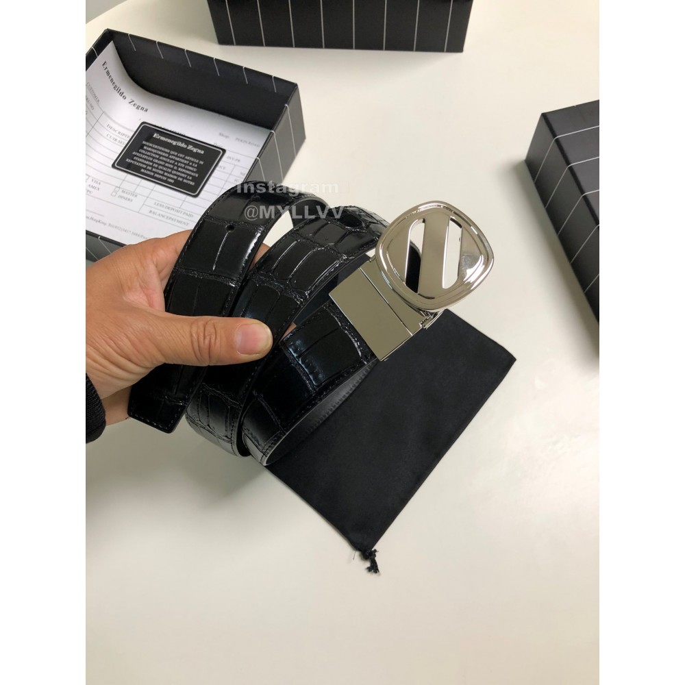 Zegna New Black Calf Leather Rotary Pin Buckle Leisure Belt 