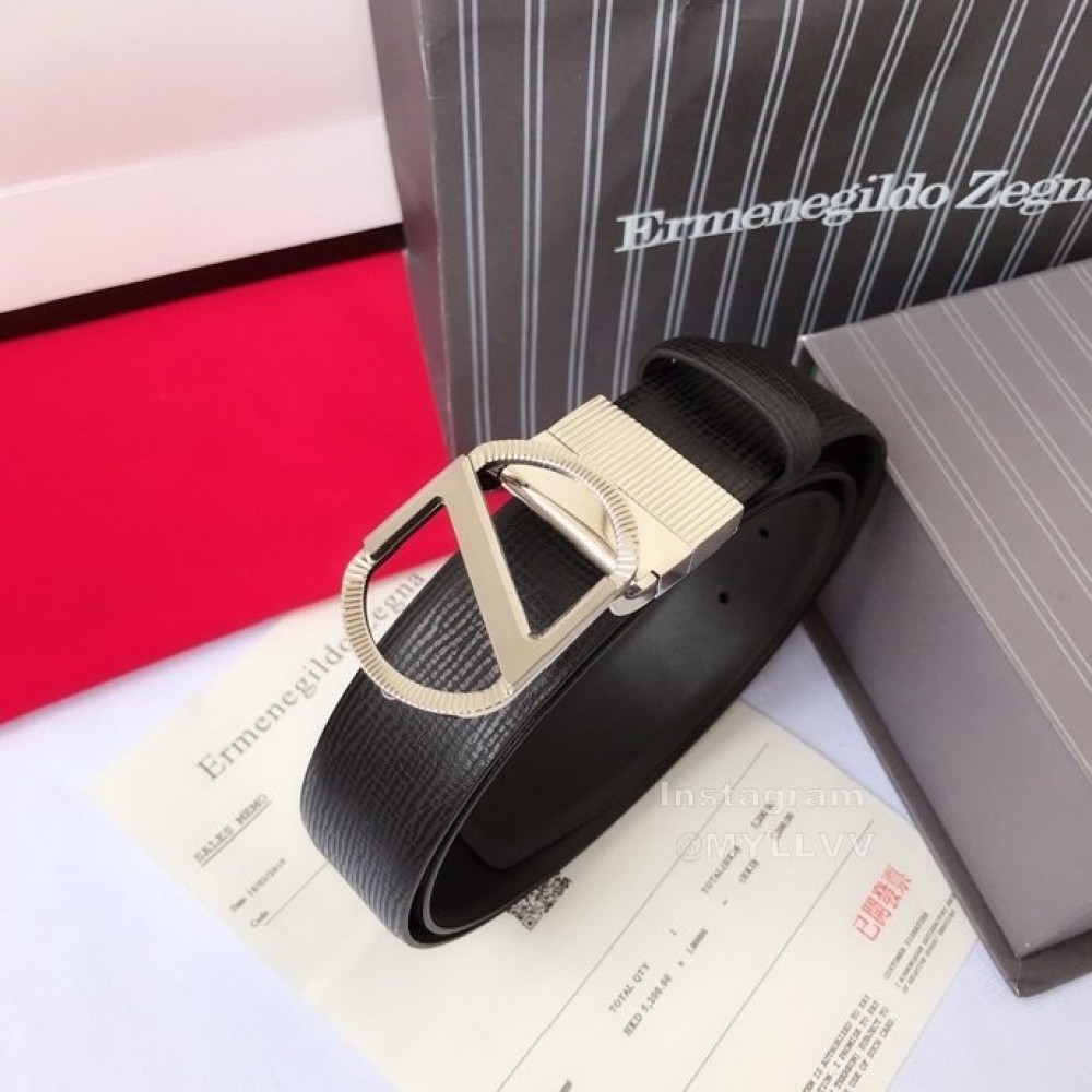 Zegna Black Calf Leather Silver Buckle 35mm Belt For Men