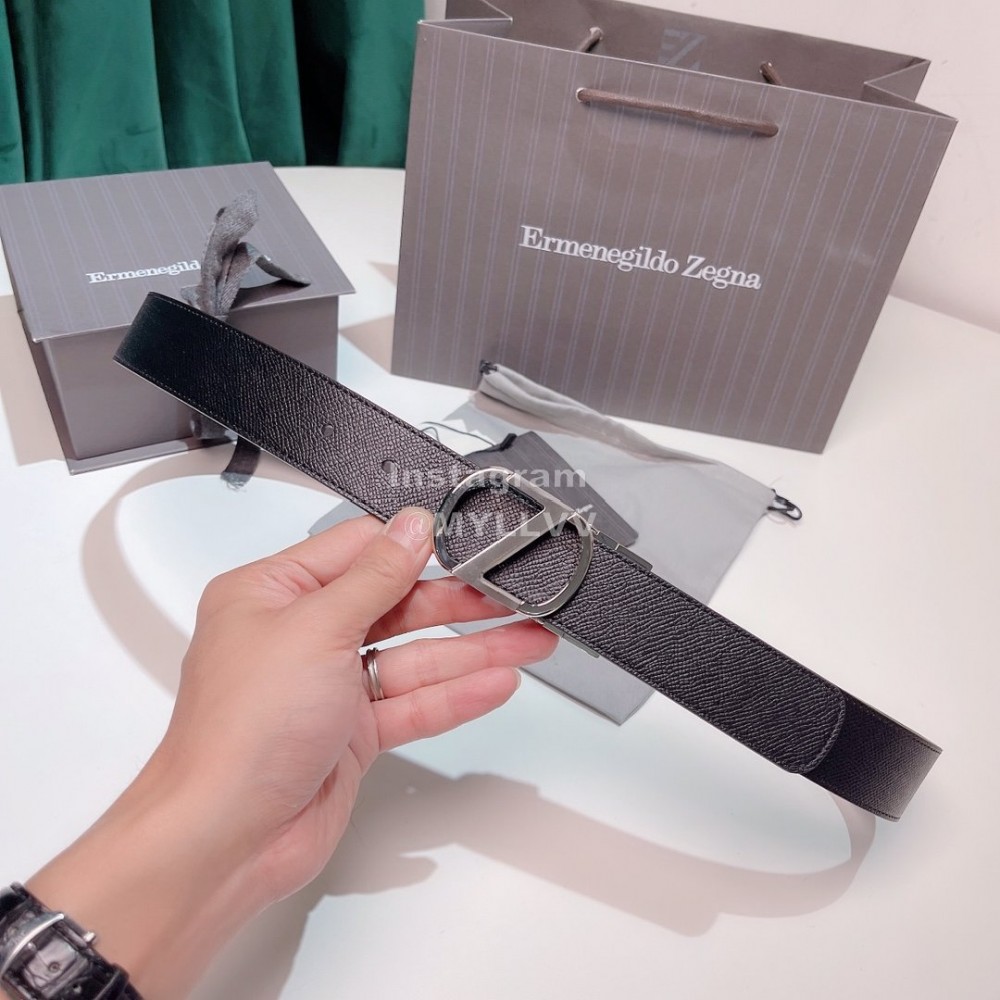 Zegna Black Calf Leather Electroplated Rotary Buckle 35mm Belt