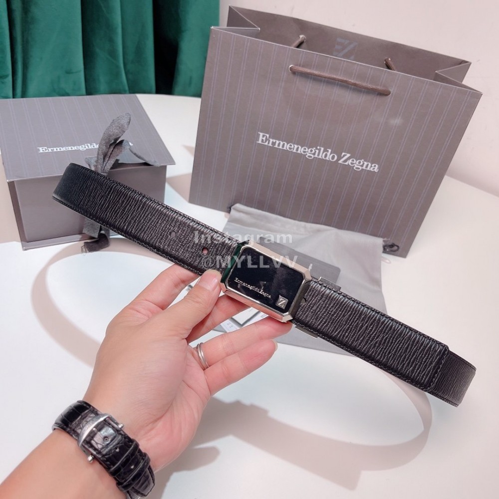 Zegna New Calf Leather Silver Square Pure Copper Buckle 35mm Belt 