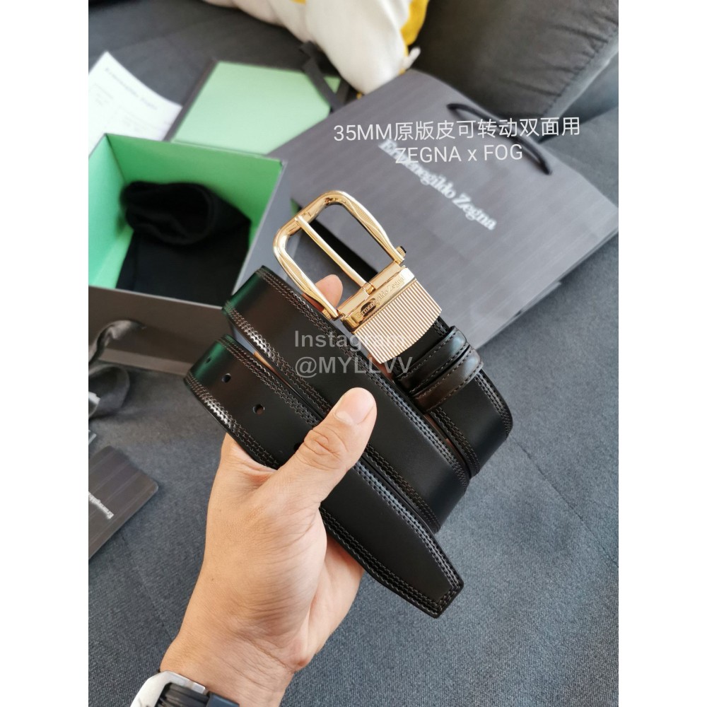 Zegna Black Calf Leather Gold Rotary Pin Buckle 35mm Belt For Men