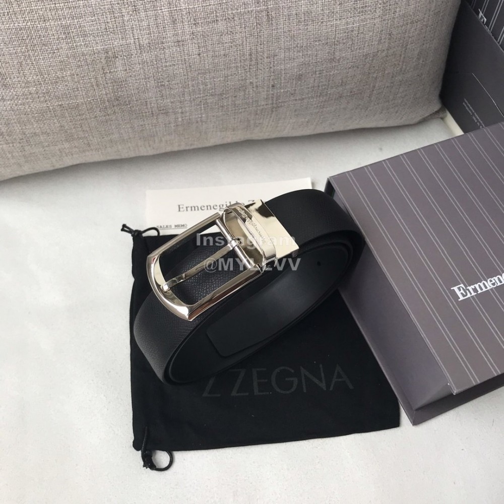 Zegna New Black Calf Leather Silver Galvanized Pin Buckle 35mm Belt For Men