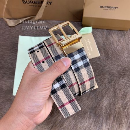 Burberry Vintage Plaid Calf Gold Pin Buckle 35mm Belts For Men