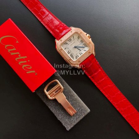 Cartier Santos Quick Switch Strap Diamond Watch Red