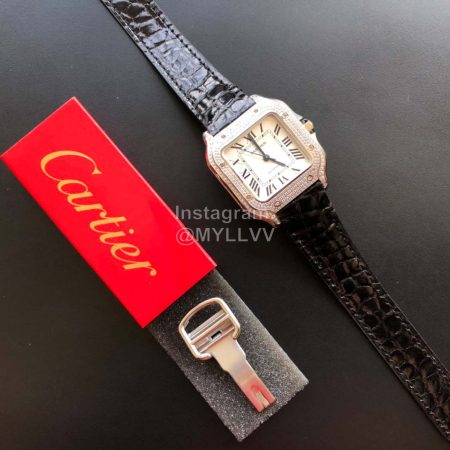 Cartier Santos New Quick Switch Strap Diamond Watch Black