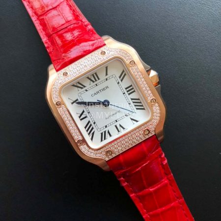 Cartier Santos Quick Switch Strap Diamond 30m Waterproof Watch Red