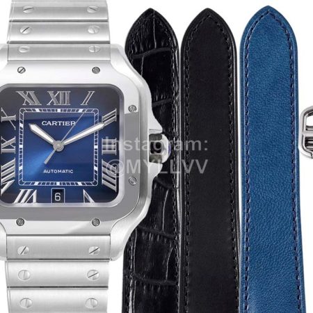 Cartier Santos Series Square Dial Steel Strap Watch Blue