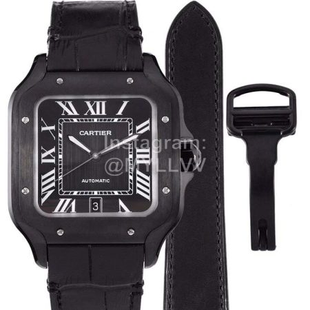 Cartier Santos Series Square Dial Steel Strap Watch Black