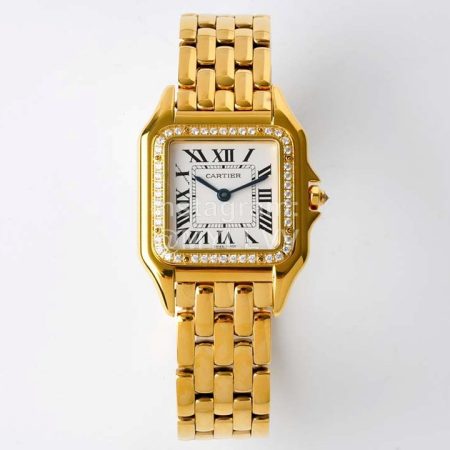 PanthèRe De Cartier Medium Square Dial Diamond Steel Strap Watch Gold