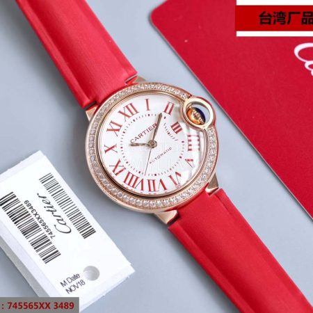 Cartier Roman Numerals Leather Strap Diamond Watch Red