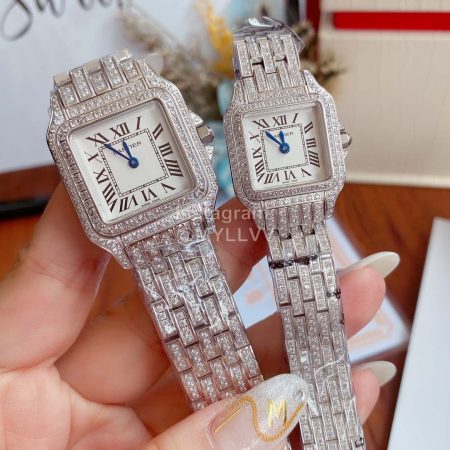 PanthèRe De Cartier Blingbling Diamond Steel Strap Watch Silver