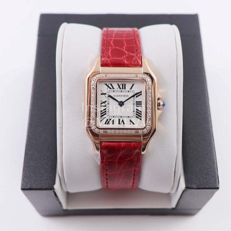 PanthèRe De Cartier Leather Strap Diamond Square Dial Watch Red