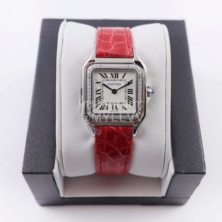 PanthèRe De Cartier Red Leather Strap Diamond Square Dial Watch