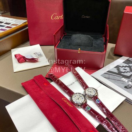 Cartier Classic Roman Numeral Dial Leather Strap Watch Wine Red