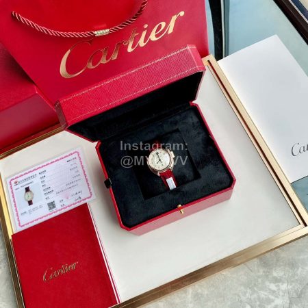 Cartier Diamond Time Scale Leather Strap Watch Red