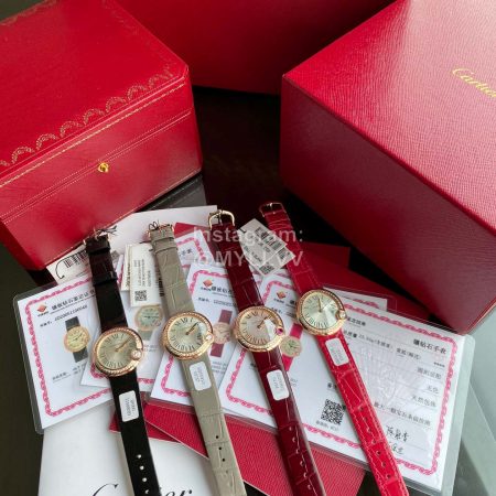 Cartier Roman Digital 30mm Dial Diamond Leather Strap Watch Wine Red