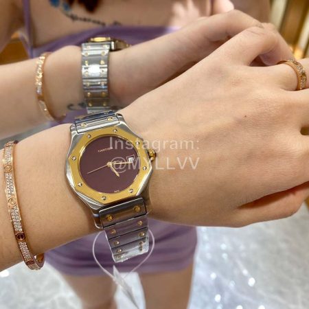 Vintage Cartier Santons Octagon Large Steel Strap Watch Wine Red