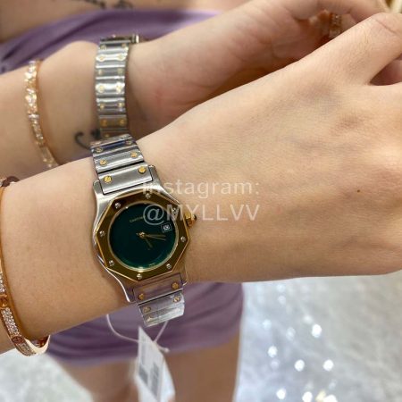 Vintage Cartier Santons Octagon Small Steel Strap Watch Green