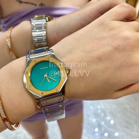 Vintage Cartier Santons Octagon Large Steel Strap Watch Green