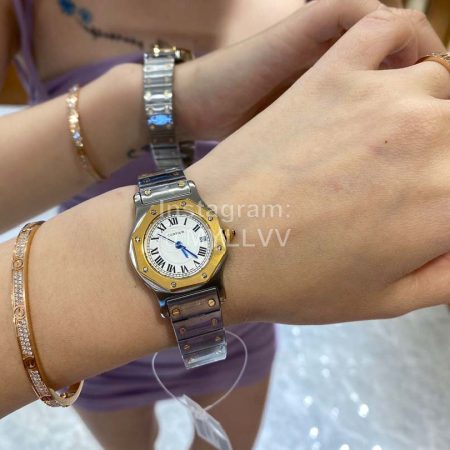 Vintage Cartier Santons Octagon Small Steel Strap Watch White