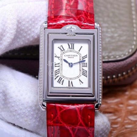 Cartier Square Dial Leather Strap Watch Red