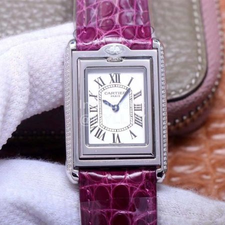 Cartier Square Dial Leather Strap Watch Purple